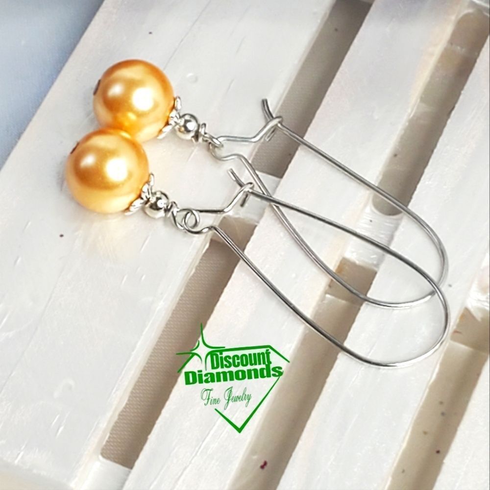 Gold South Sea Shell 10 mm Pearl Earrings Wire Hook on 925 Silver